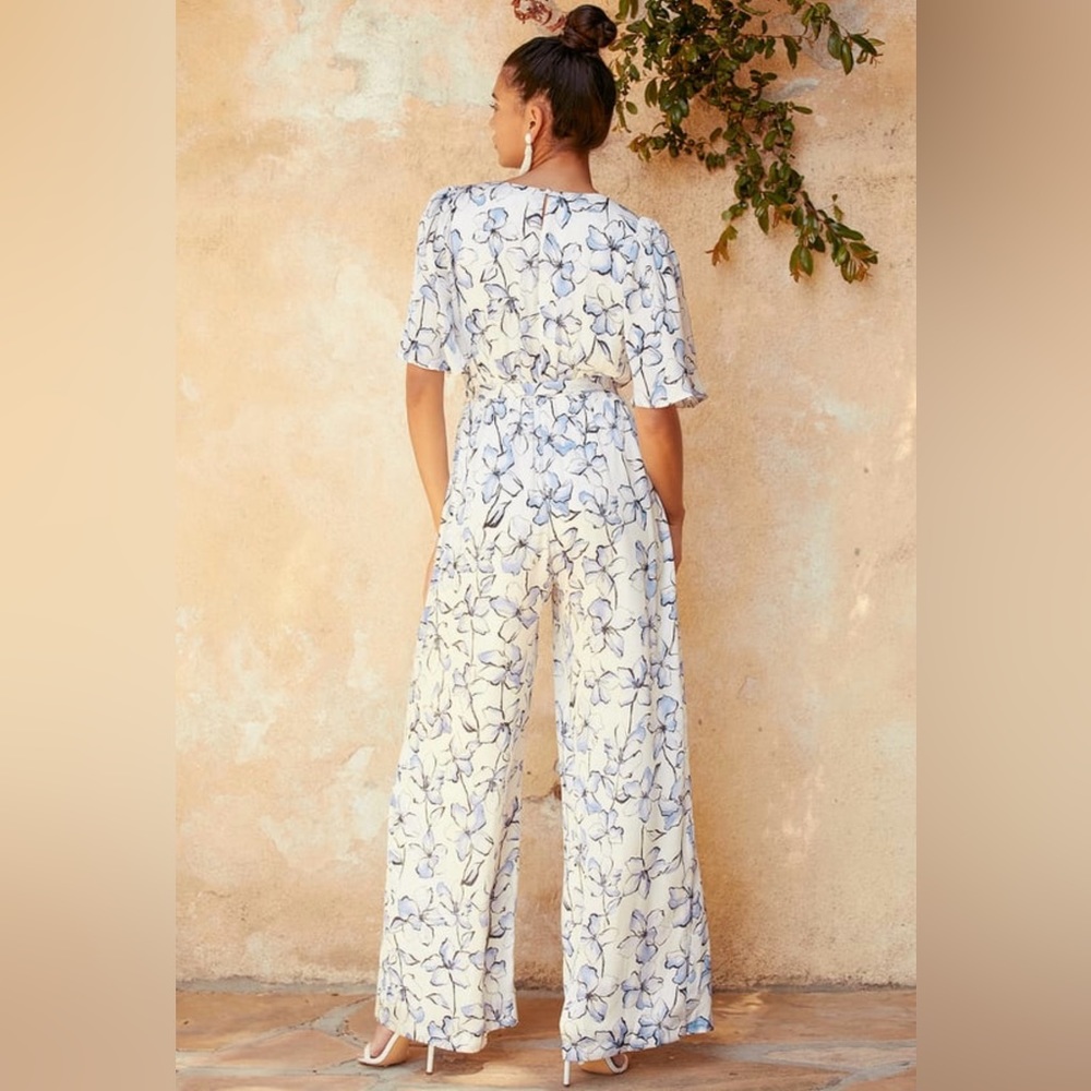 Lulus | True Masterpiece White Floral Print Satin Wide-Leg Jumpsuit - NWT - Picture 4 of 16